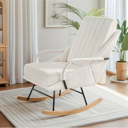 White high back grid stitched rocking chair with wood runners and a black metal support frame