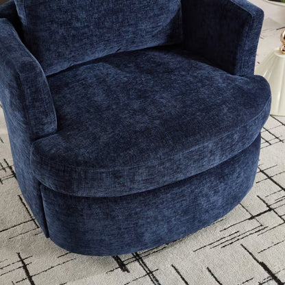 Close view of the navy chair's rounded seat cushion and front base