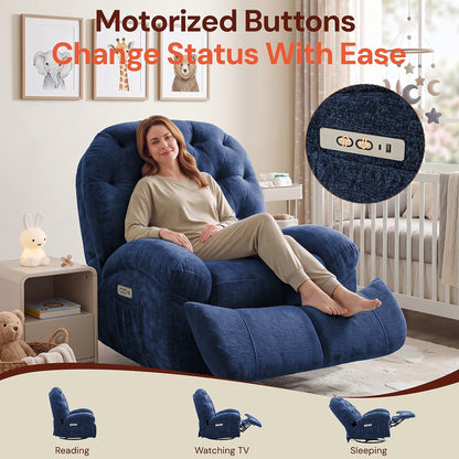 Blue chenille power swivel rocker recliner with a side pocket — reclining controls and USB detail