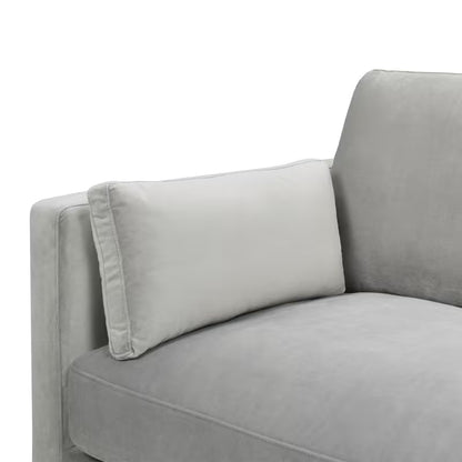 Knox Opal Grey Velvet Sofa — lumbar pillow and arm detail.
