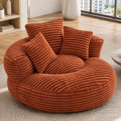 Round Corduroy Bean Bag Chair with Three Pillows — orange front three-quarter view