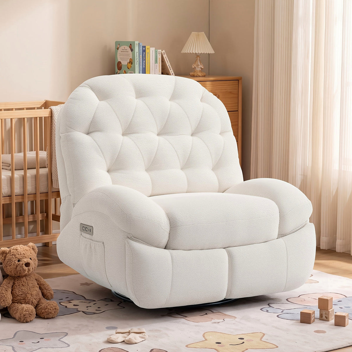 White chenille power swivel rocker recliner with a side pocket