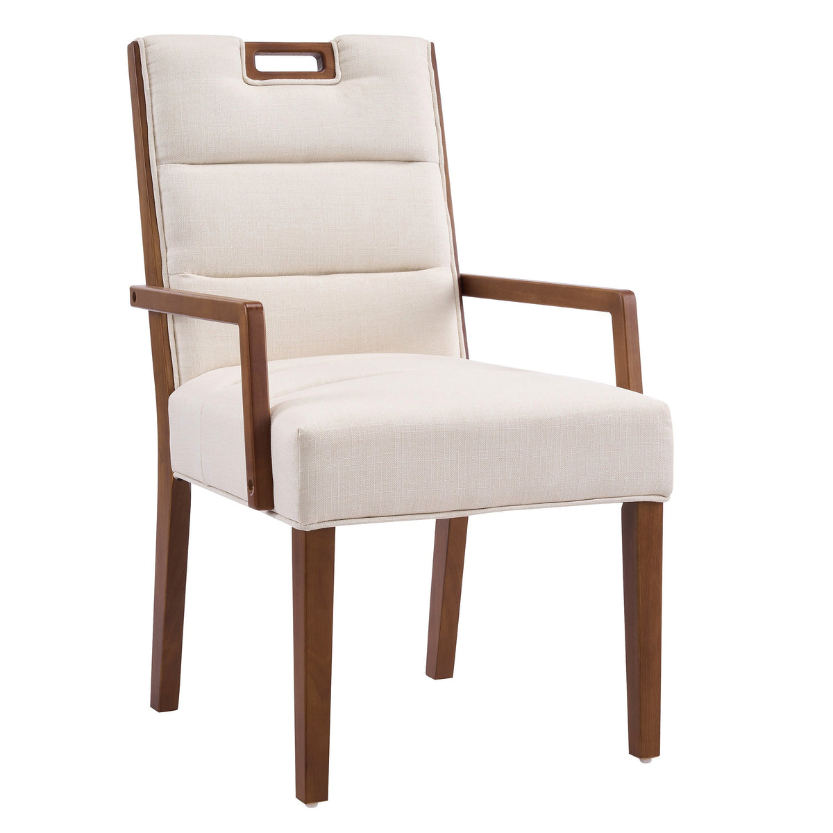 Walnut finish beige upholstered dining armchair with a rubberwood frame