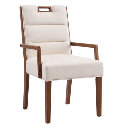 Walnut finish beige upholstered dining armchair with a rubberwood frame