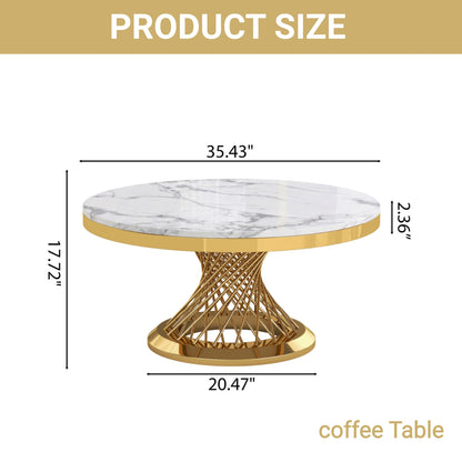 Faux Marble Coffee Table Set, Modern Coffee Table Side Table with Hourglass‑Shaped Metal Base, Luxury Center Table for Living Room Office