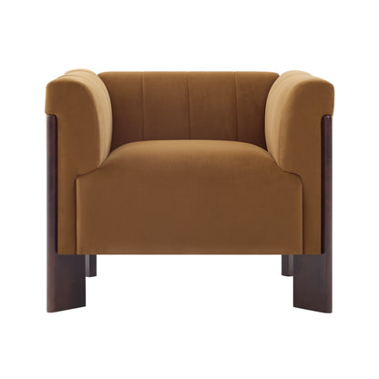 Caramel Channel-Back Velvet Armchair — caramel isolated front view
