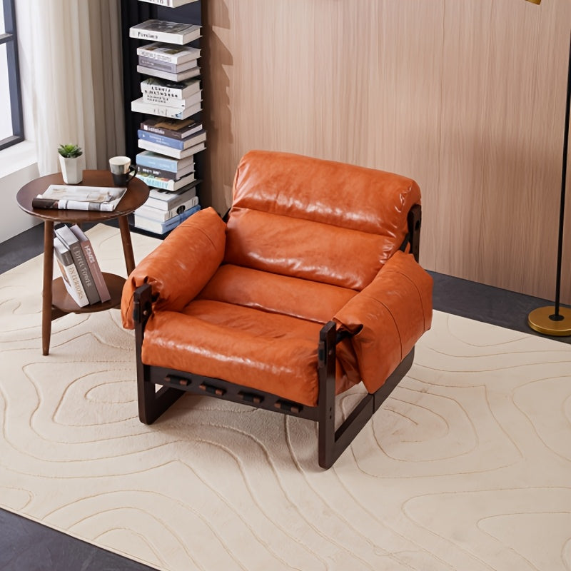 Leather-Look Accent Chair with Wood Frame — three-quarter view of the retro orange chair