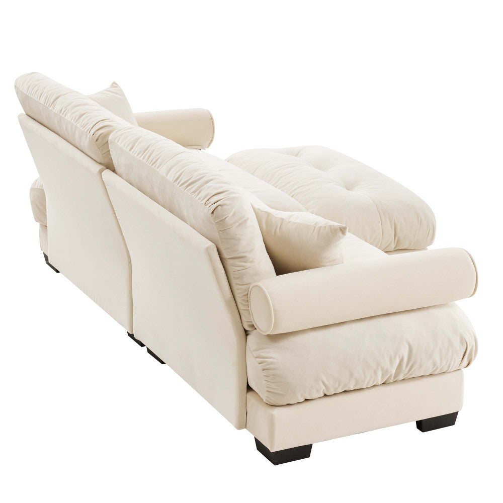 Cream Velvet Sofa with Matching Ottoman — rear three-quarter view.