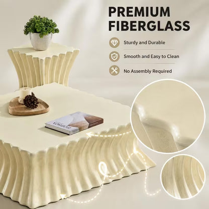 Close-up graphic of cream fluted table set with inset surface details and material callouts