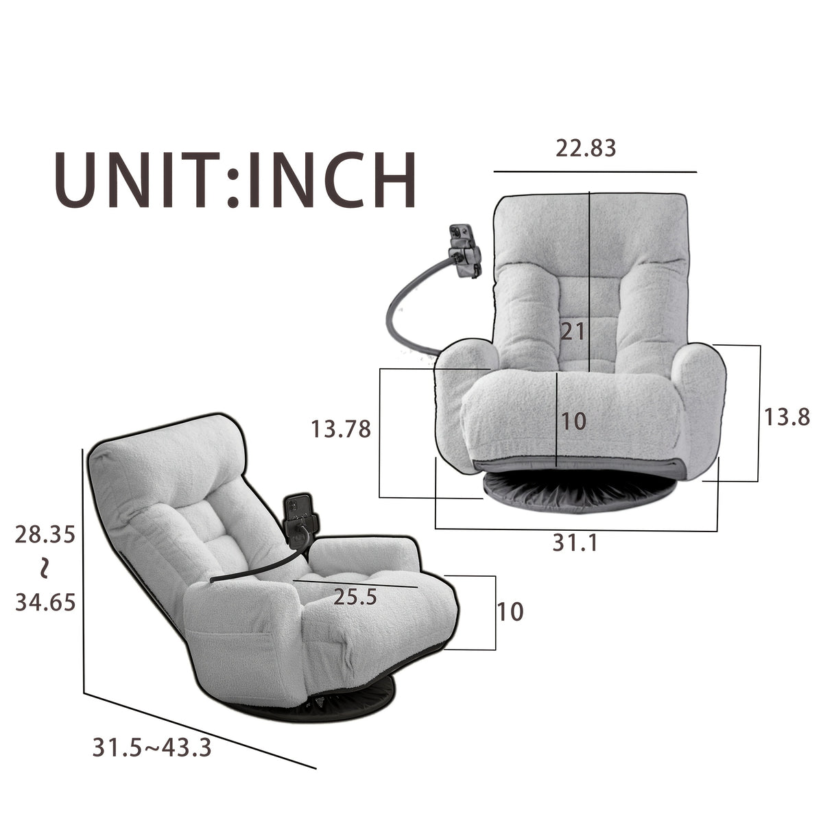 Five-Position Swivel Floor Chair with Phone Holder — adjustable chair dimensions diagram