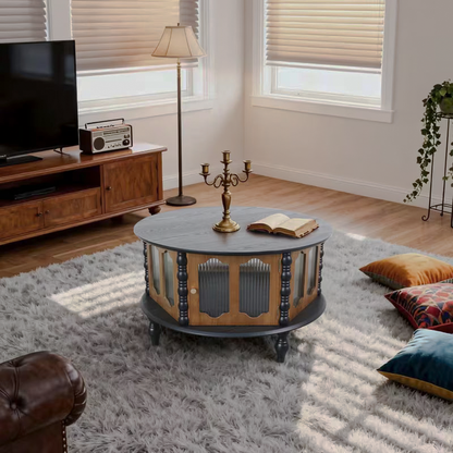 Dark-gray round storage coffee table with ribbed doors in a living room