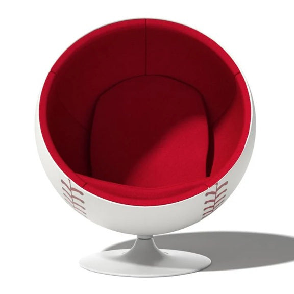 Front view of baseball-print white-shell red-lined Globe chair