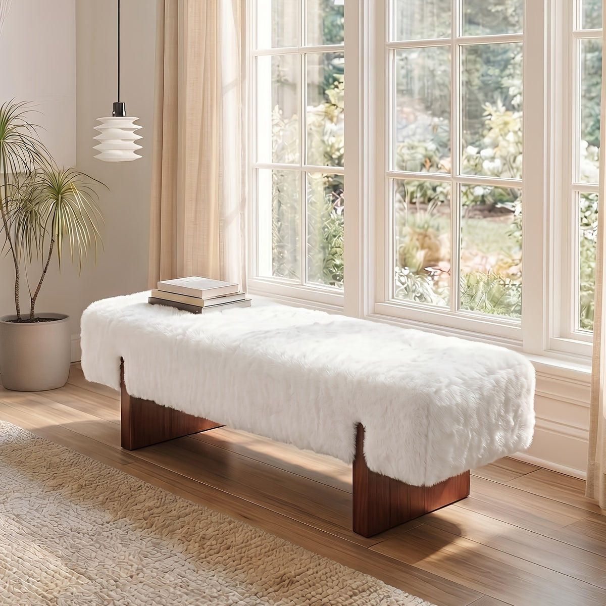 Faux Fur Upholstered Bench with Wood Legs — white upholstery option.