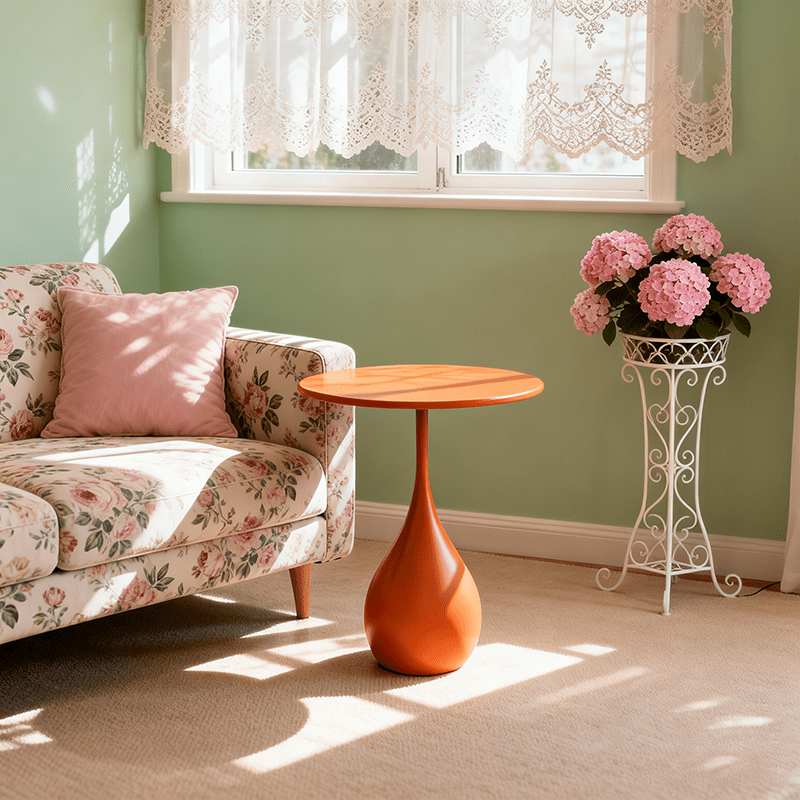 Orange table by patterned chair