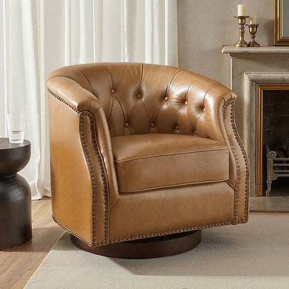 Camel genuine leather Chesterfield swivel rocking armchair with rolled arms
