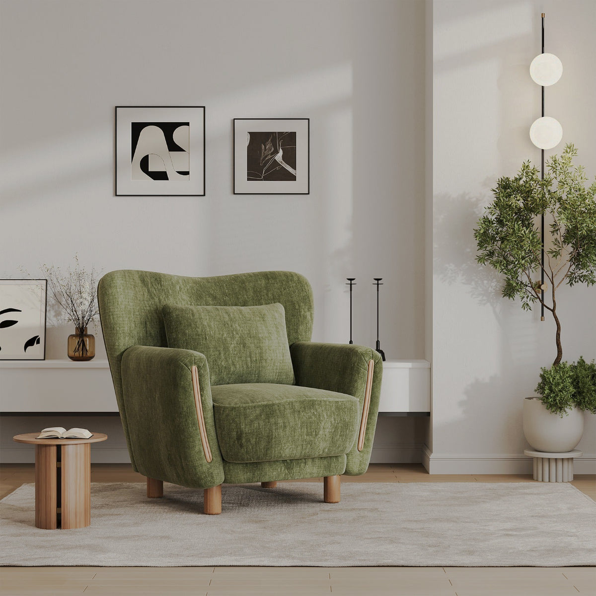Olive wingback chair front view