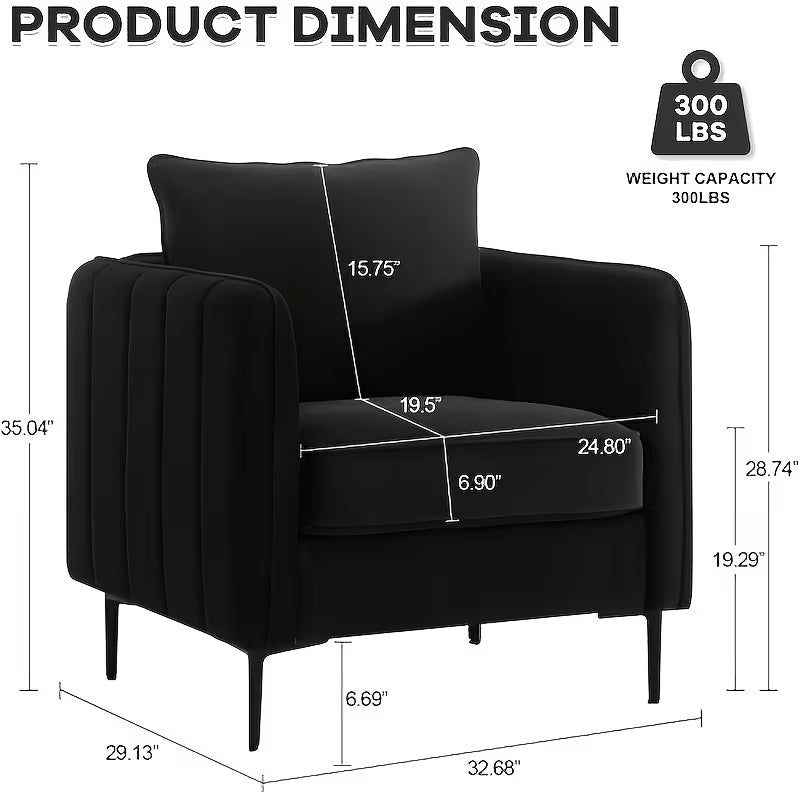 Dimension diagram of the black accent armchair and its back pillow