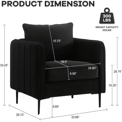 Dimension diagram of the black accent armchair and its back pillow