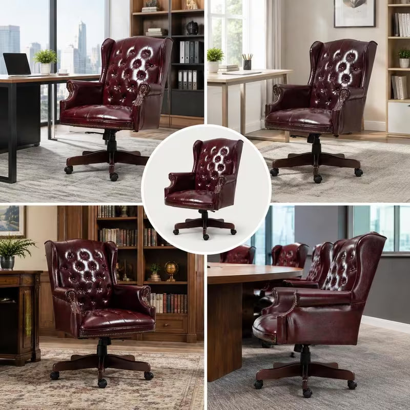 Collage of a burgundy tufted office chair from front, side and rear angles
