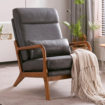 Dark gray microfiber high back upholstered lounge chair with a warm wood frame
