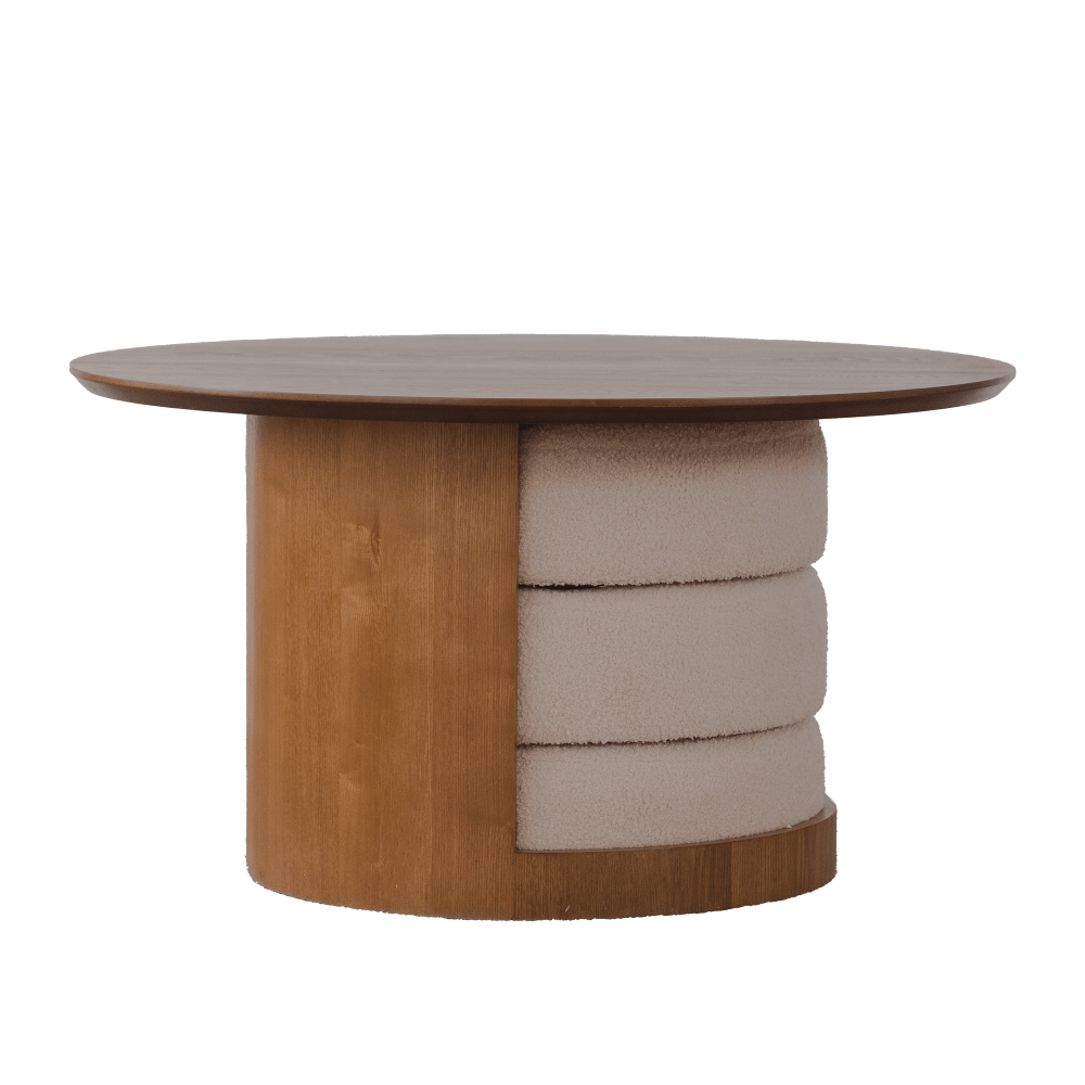 Studio view of the round table with three upholstered stools nested in its base