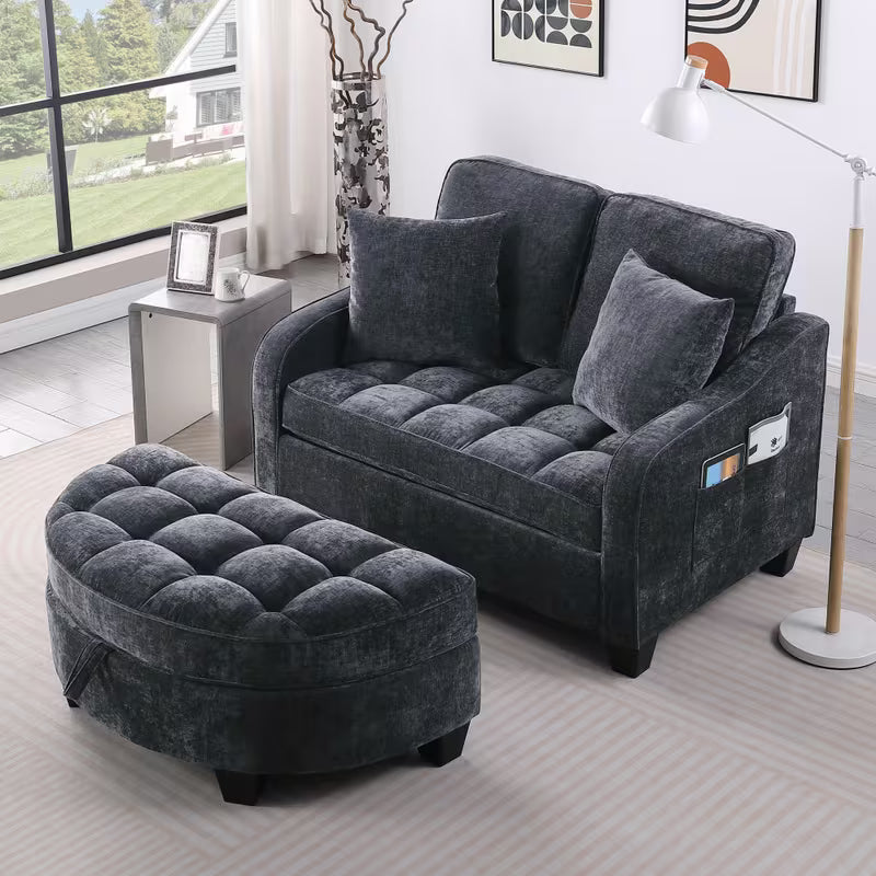 Tufted Loveseat with Storage Footrest — separate footrest position.