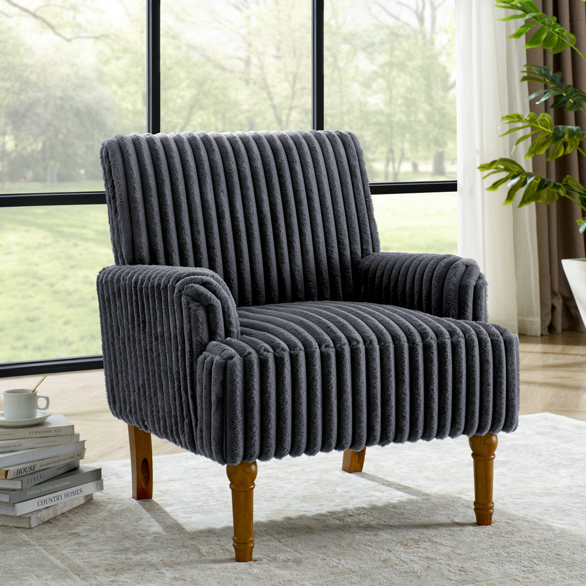 Wide-Wale Corduroy Accent Chair with Wood Legs — dark gray wide-ribbed chair