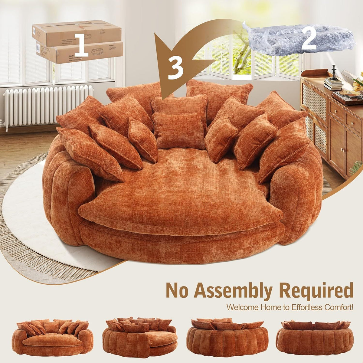 Oversized Round Chenille Lounge Sofa — orange sofa unpacking and shape recovery.