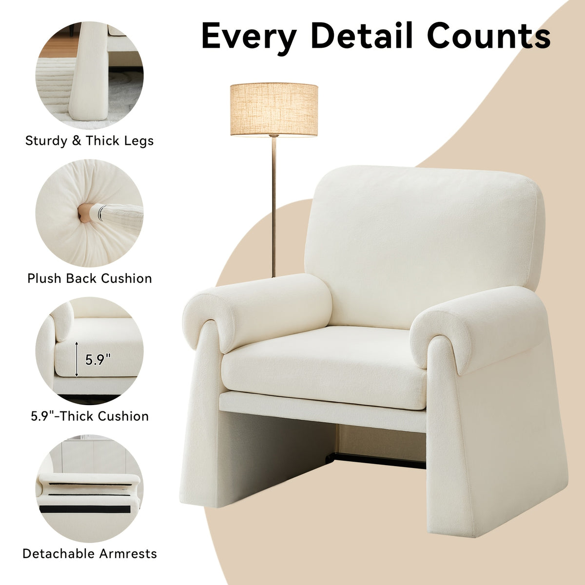 Rolled-Arm Chenille Accent Chair — cushion and detachable arm construction illustration