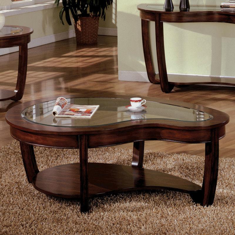 51-Inch Beveled Glass Coffee Table with Open Shelf - Brown + Cherry + Solid Wood + Classic + Contemporary + Luxury + Traditional