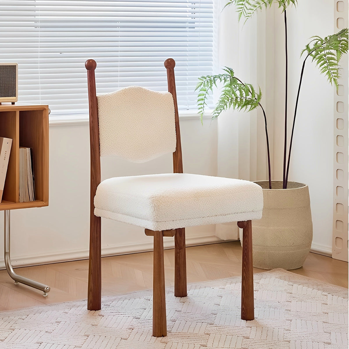 Ivory textured dining chair with a turned wood frame