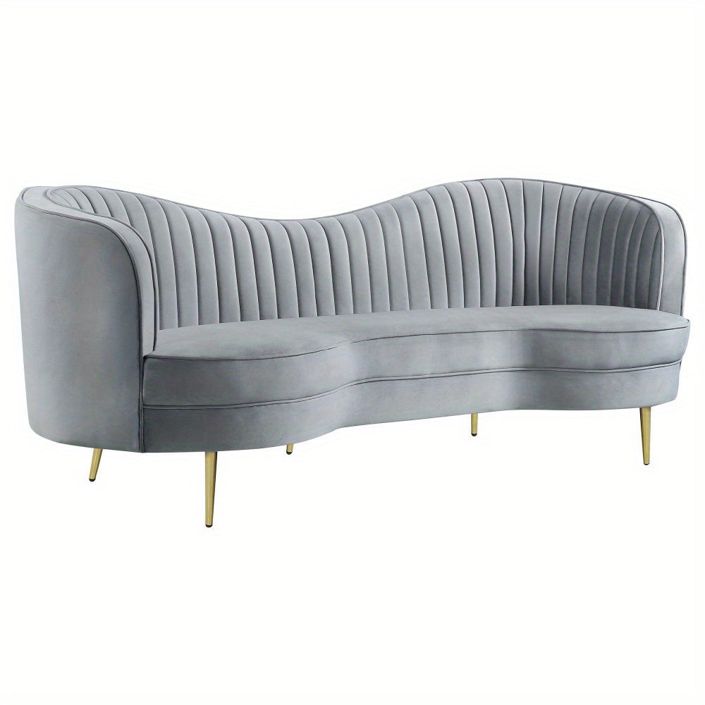 Grey Channel-Tufted Sofa with Gold-Tone Legs — opposite three-quarter product view.