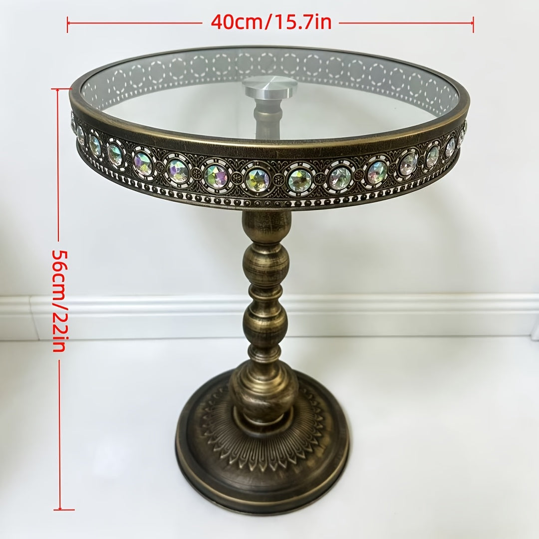 Dimension diagram of the bronze glass-top pedestal table.