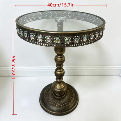 Dimension diagram of the bronze glass-top pedestal table.