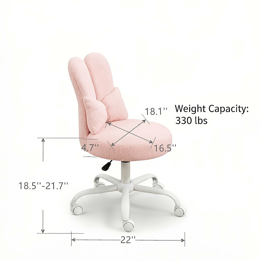 Pink bunny ear vanity chair with a bow cushion and white rolling base — dimension diagram