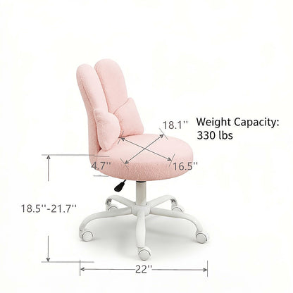 Pink bunny ear vanity chair with a bow cushion and white rolling base — dimension diagram