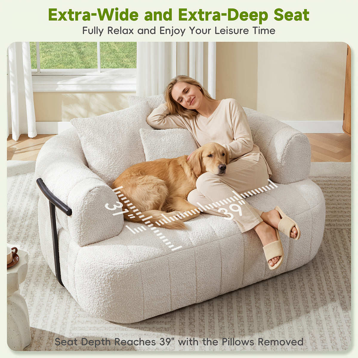 64-Inch Bouclé Deep-Seat Lounge Chair — seated scale and deep-seat dimensions panel