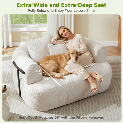 64-Inch Bouclé Deep-Seat Lounge Chair — seated scale and deep-seat dimensions panel