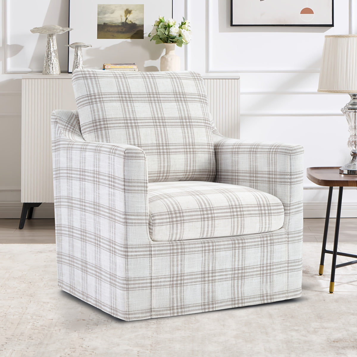 Plaid Swivel Accent Chair — gray and white plaid chair in a room