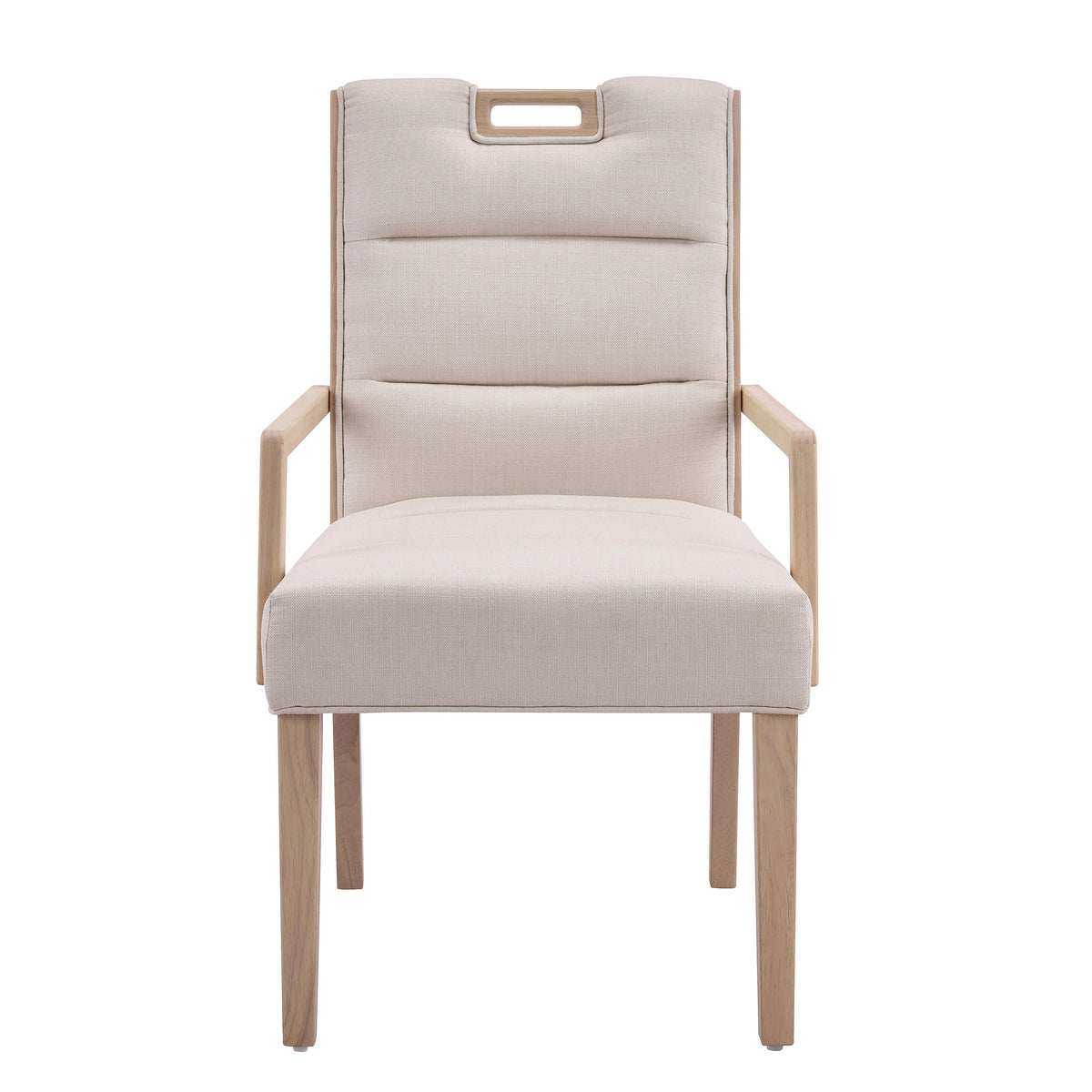 Natural finish beige upholstered dining armchair with a rubberwood frame