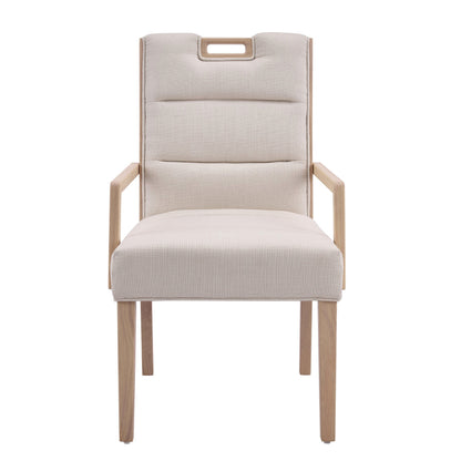 Natural finish beige upholstered dining armchair with a rubberwood frame