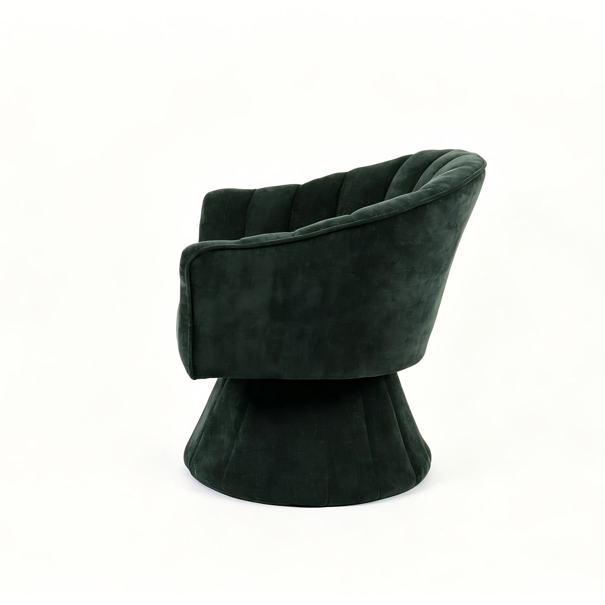 Channel-Tufted Swivel Barrel Chair — dark Green isolated rear three-quarter view