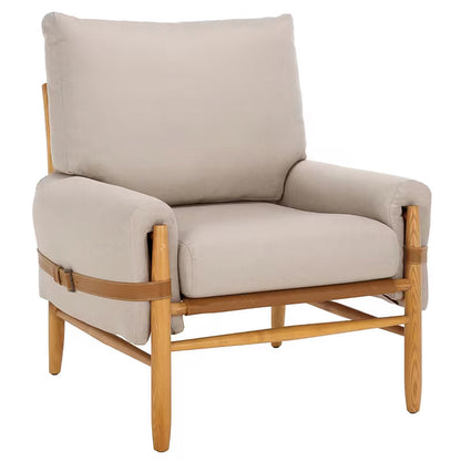Strap-Detail Wood-Frame Accent Chair — three-quarter view of the light gray chair