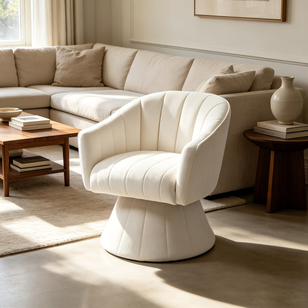 Channel-Tufted Swivel Barrel Chair — cream chair in a living room