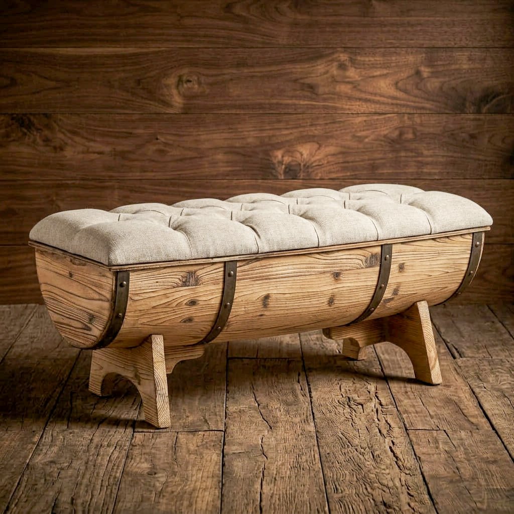 Rustic barrel-style bench with a beige tufted seat and dark bands shown in a wood-paneled room.