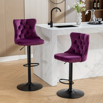 Two purple swivel stools set at different heights