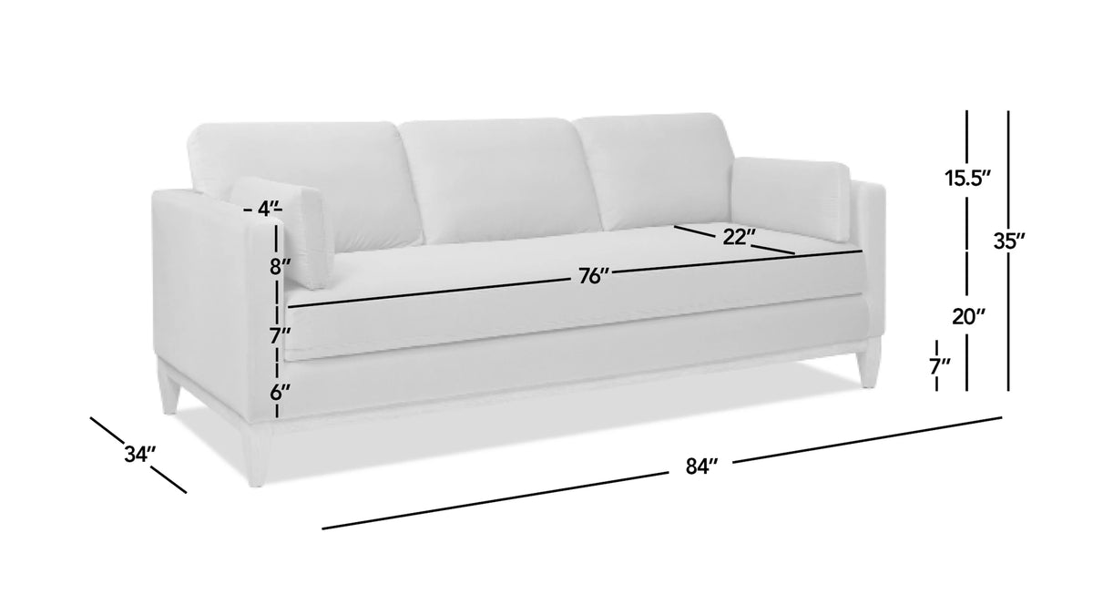 Knox Opal Grey Velvet Sofa — supplier dimension diagram.