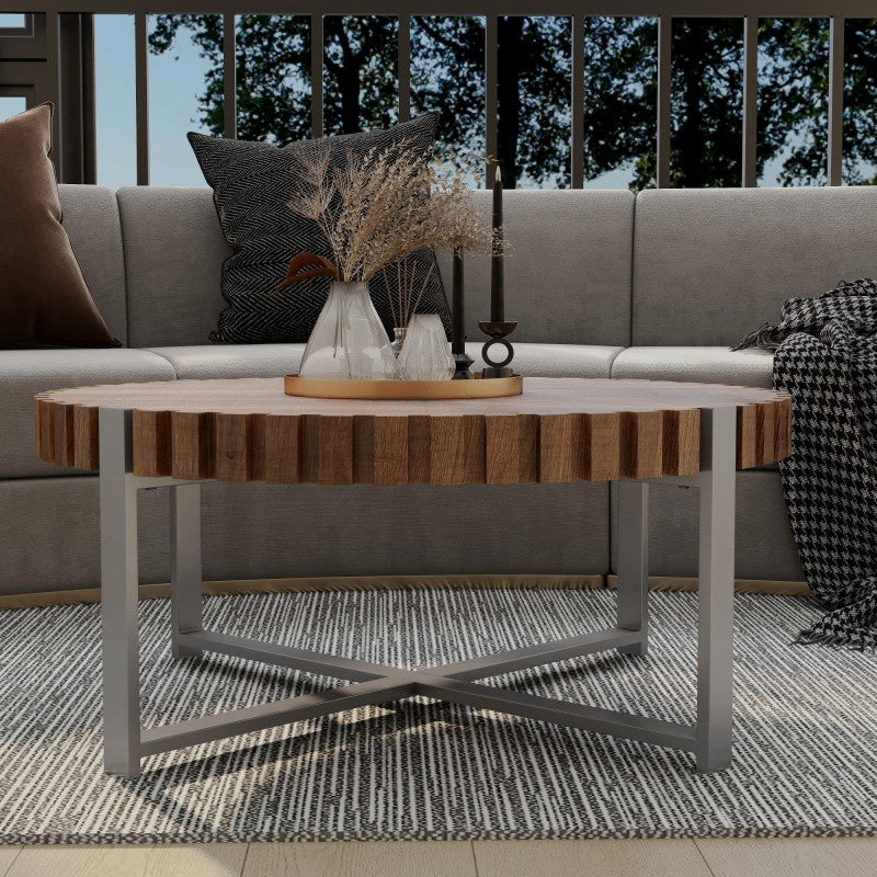 Low side view of deep notched tabletop and cross-style base