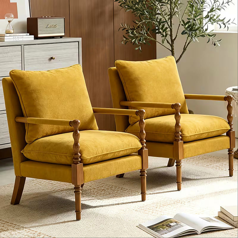Yellow upholstered accent chair with turned wood front posts