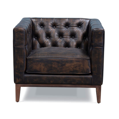 33" Brown and Black Antiqued Top Grain Leather Tufted Club Chair - 555320